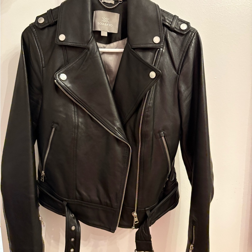 Soia & Kyo Black Leather Motorcycle Jacket with Asymmetrical Design